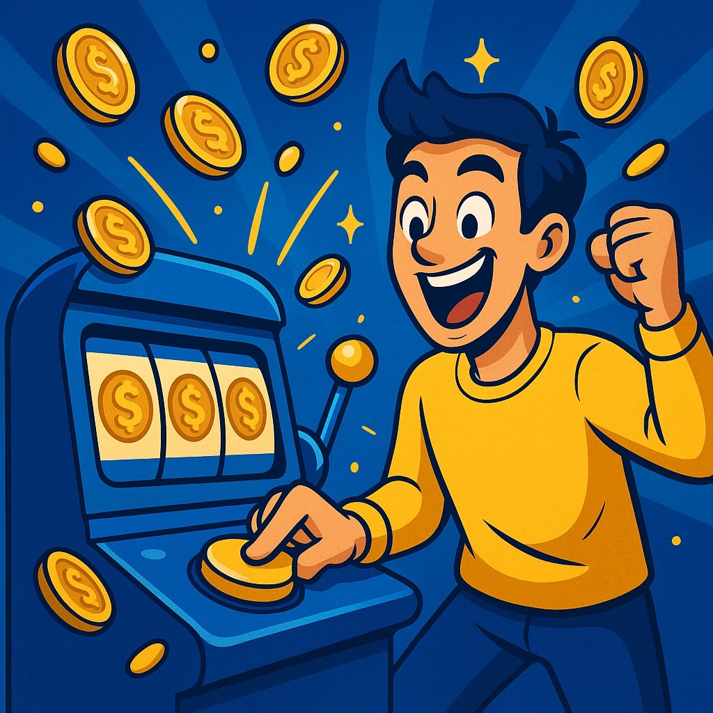 Cartoon Man Playing Sweepstakes Slots and Winning Sweeps Coins